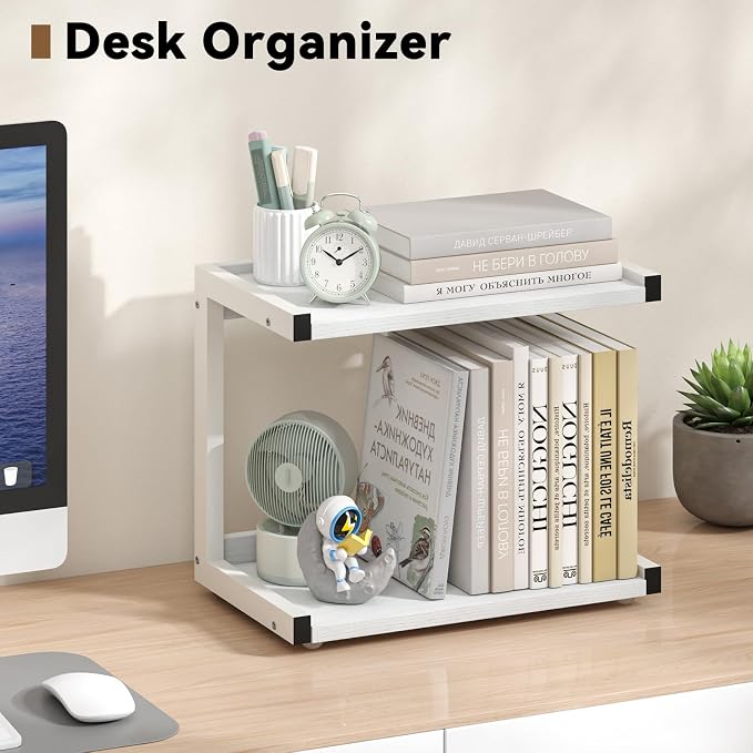 MARTY Kitchen Counter Shelf Organizer, 2 Tier Coffee Station/Bar Organizer | Spice Rack for Countertop, Mugs Cups, Desk Shelf Riser, Bathroom Counter Organizer, Wood+Metal, White