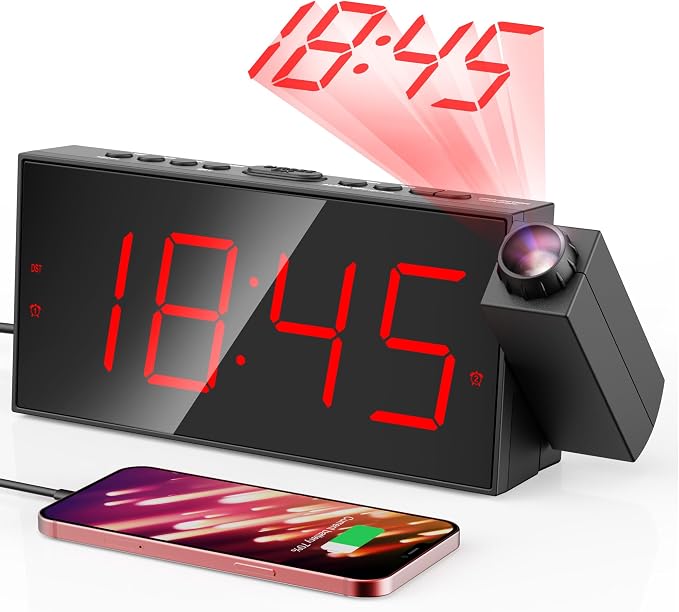 Mesqool Digital Projection Alarm Clock with Dual Alarms, 5 Levels Dimmer | 180° Rotatable Projector,12/24H & DST, Large LED, Snooze, with Battery Backup, Loud Alarm Perfect for Heavy Sleepers