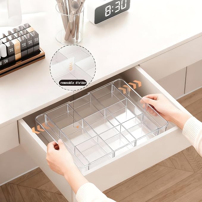 Acrylic Expandable Desk Drawer Organizer with 11 Adjustable Compartments and 6 Removable Dividers Desk Accessories for Office Kitchen Bathroom Makeup and Utensil Junk Storage (Clear, 1Pc)