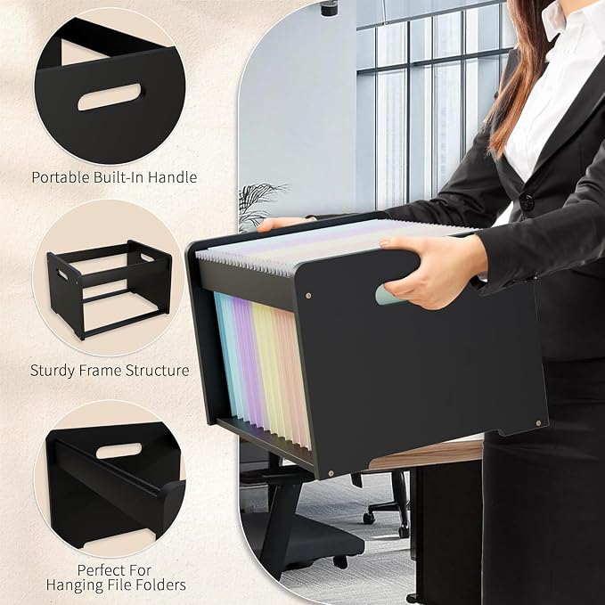 Bamboo Hanging File Organizer, Desktop File Box, Open Top, 2 Pack, Black | Open-Top Access, 4 Hanging Folders Included, Letter & Legal Files, Sliding Rails, Reinforced Handles, Easy Assembly