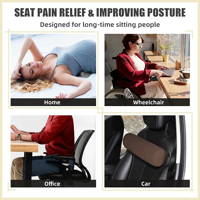 Coeyese Lumbar Roll Pillow for Lower Back Support, Dark Brown, 15 * 4.3'' | Removable Pillowcase, Upgraded Adjustable Strap, Suitable for Office, Chair, Car, Seat Pain Relief & Improving Posture