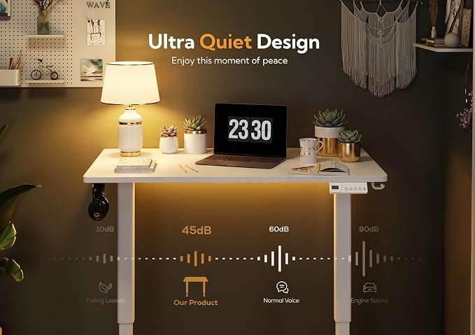 Claiks Electric Height Adjustable Stand Up Desk, 32x19 Inches Sit Stand Desk for Home Office, White Top/White Frame