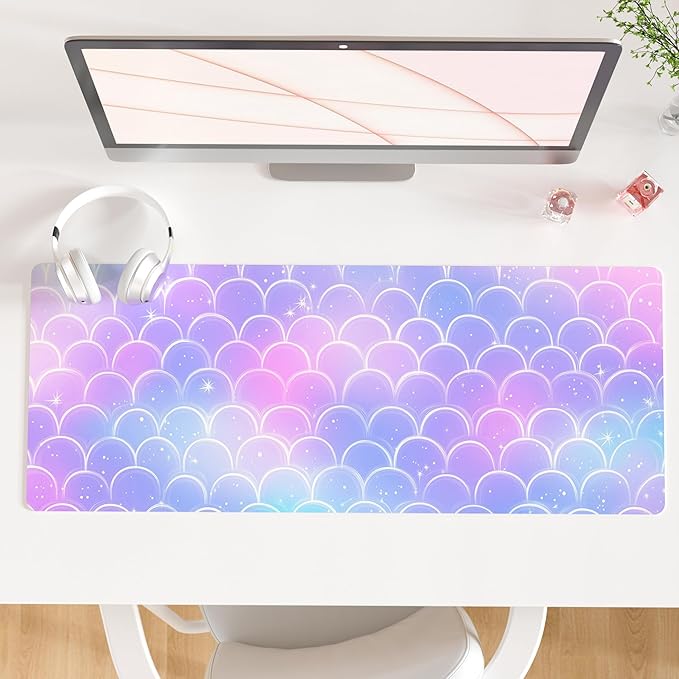 QiyI Multifunctional Office Desk Pad, Water-Resistant PU Leather Mouse Pad, Home Décor Large Desk Organizer Mat, Non Slip Base Writing Pads for Home & Office 31.5" x 11.8" - Mermaid Scales