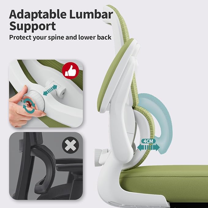 TRALT Office Chair - Ergonomic Desk Chair with Adjustable Lumbar Support, Mesh Computer Chair, Executive Chairs for Home Office Comfortable Lumbar Support (White Green)