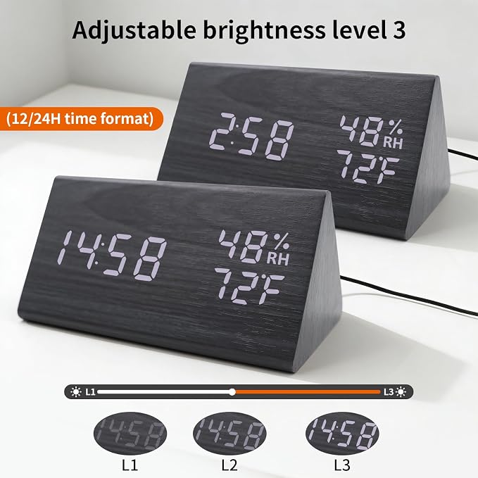 Wooden Digital Alarm Clocks for Bedrooms - Electric Desk Clock with Large Numbers, USB Port, Loud Alarm for Heavy Sleepers, Adjustable Volume, Dimmer, Snooze, DST, Wood Décor, Adapter Powered