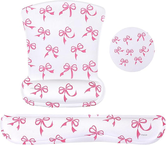 MOSISO Wrist Rest Support for Mouse Pad&Keyboard Set, Pink Bows Ergonomic Mousepad&Coaster Non-Slip Base Home/Office Pain Relief&Easy Typing Cushion with Neoprene Cloth&Raised Memory Foam, White