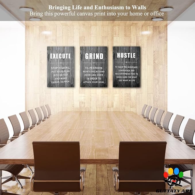 Office Wall Art - 3 Panel Motivational Wall Art, Inspirational Quotes Canvas Art for Home Office Wall Decor, Positive Quotes Wall Decor, Entrepreneur Grind Hustle Execution Poster Frame (24”x36”x3Pcs)