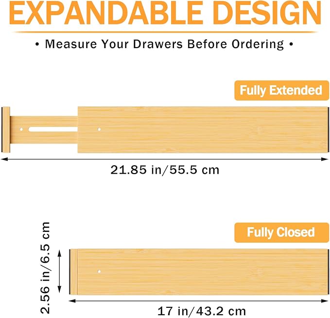 BAMBUROBA Bamboo Drawer Dividers, Adjustable Organizer for Kitchen & Bedroom, Expandable 17-22" Drawer Separators, 4-Pack