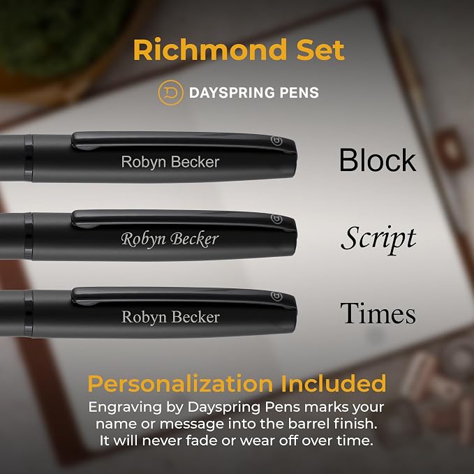 Dayspring Pens Richmond Rollerball and Pencil Set, Matte Black, Silver Engraving, Standard Ceramic Refill, 0.7mm Pencil with Lead, Gift for Graduation, Career Advancement, Birthdays