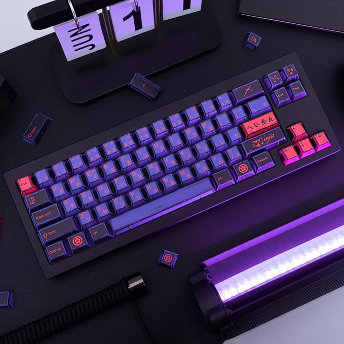 Purple Japanese PBT Custom Keycaps, 130 Keys Black Purple Manga Key Caps, Cherry Profile Dye Sublimation Keyboard Keycap Set for Cherry MX Gateron Kailh Switches Mechanical Keyboard
