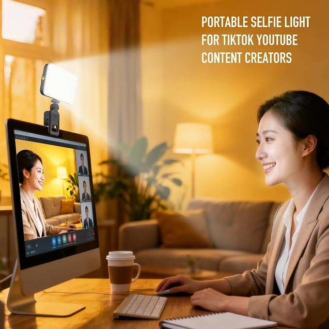 91 LED Portable Charger Selfie Light Video Conference Lighting | with Clip & Camera Tripod Adapter, Rechargeable 2000mAh, CRI 96+, 4 Light Modes, for Phone iPhone Webcam Laptop Makeup
