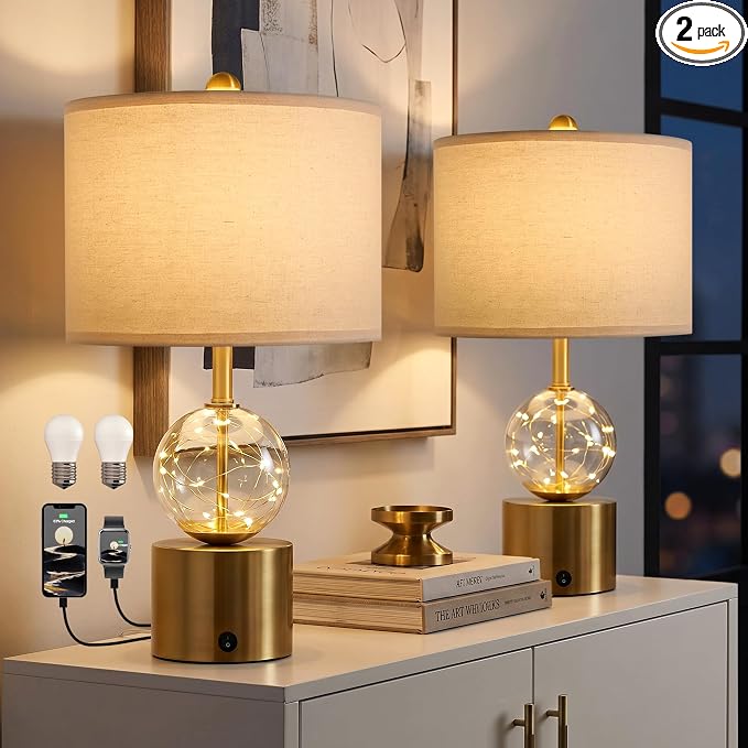 Oneach 20.5" Small Bedside Table Lamps for Bedroom Nightstands, Gold Glass Modern Table Lamps Set of 2 with USB A+C Charging Port, Night Light, Luxury Lamps for Living Room End Table(Bulbs Included)
