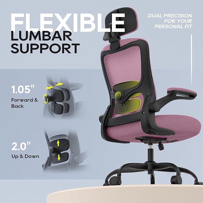 Ergonomic Office Chair, High Back Mesh Desk Chair with Adjustable Lumbar Support & Headrest, Flip-up Armrest, Computer Task Chairs for Home and Executive Office (B-Light Purple)