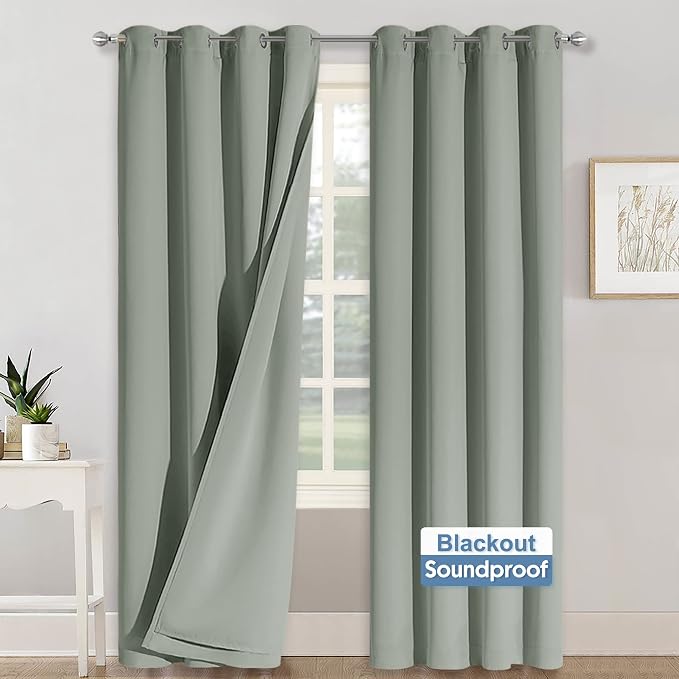 RYB HOME Blackout Curtains with Felt Fabtic Liner for Sound Absorbing, 3 Layers Soundproof Thermal Insulated Summer Drapes for Bedroom Home Theater Baby Nursery, 52 x 84 inch, Sage Green, Set of 2