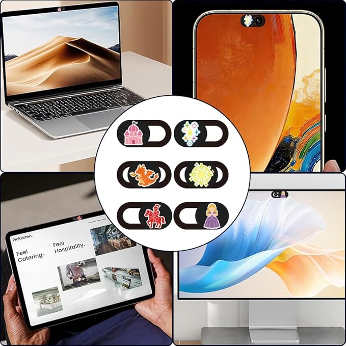 6Pcs 6 Styles Camera Cover Slide Cute 0.04 Inch Privacy Guard Accessories, Thin Camera Privacy Blocker Castle Princess Pattern for Laptop Desktop Computer Tablet Notebook Home Office Use