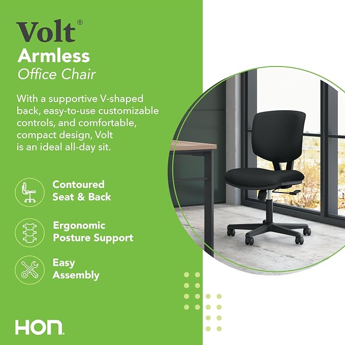 HON Volt Ergonomic Office Chair with Fabric Seat and Back, Armless Desk and Computer Chair with Adjustable Center‑Tilt Recline and Wheels for Home Office or Workstation, Black