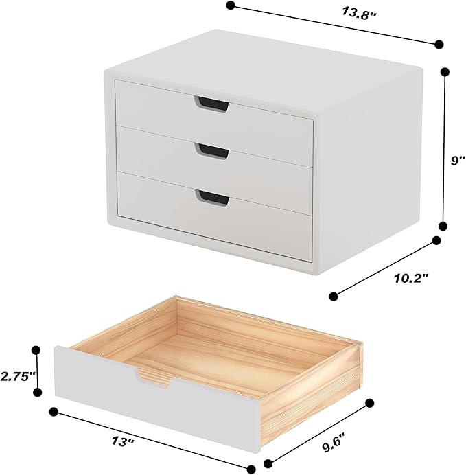 LitaEther Desk Organizer with 3 Drawers, ALEX Drawer Unit, Chic White Wood Cosmetic Makeup Organizer for Office Vanity Tabletop Storage 13.8"X 9"X10.2"