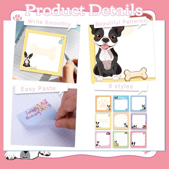 Boston Terrier Sticky Notes Gifts - 9 Pack Funny Dog Notepads 3x3 Inches, Cute Puppy Self-Stick Memo Pads School Office Supplies, Boston Terrier Gifts for Women Men (450 Sheets)
