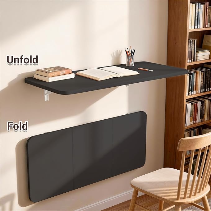 Wall Mounted Folding Desk 35.4” x 15.7”, Drop Down Table with Metal Collapsible Brackets, Folding Wall Table for Small Spaces, Home, Office, Kitchen, Laundry Room-Black