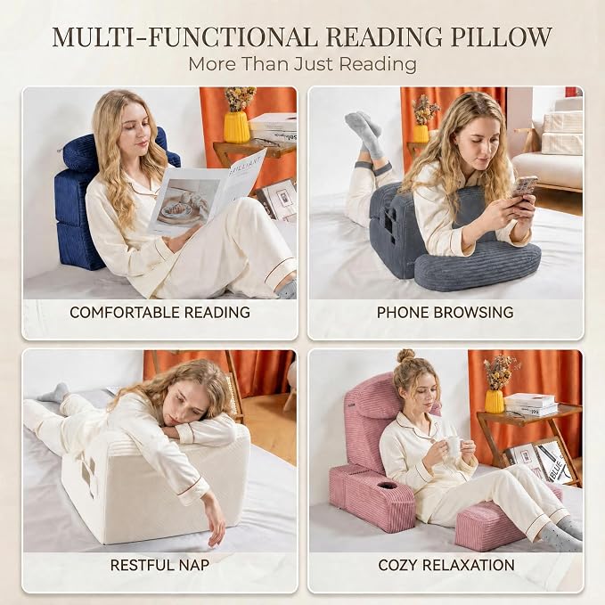 Reading Pillow for Adults, Back Pillow for Bed Sitting Up, Backrest Pillow for Sitting in Bed, Detachable Arms with Built-in Cup & Phone Caddy (Dusty Pink-Corduroy, 21 INCH)