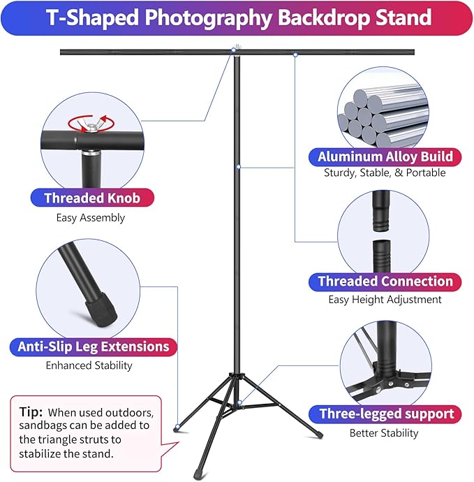 White Backdrop with Stand, 6.5x8.2 ft White Photo Backdrop Curtain with 7.5x7.9 ft Background Stand, Portable Back Drop Support Kit with Carrying Bag, 5 Strong Spring Clamps