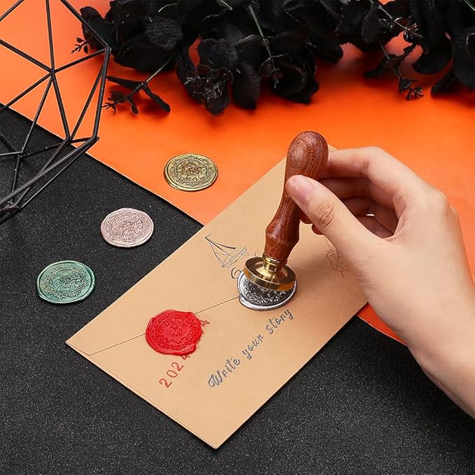 PH PandaHall Bat Wax Seal Stamp Kit, 30mm Halloween Wax Seal Stamp Moon Star Wax Sealing Stamp Removable Retro Brass Head Stamp with Wooden Handle for Birthday Party Envelopes Invitation Card Bottle