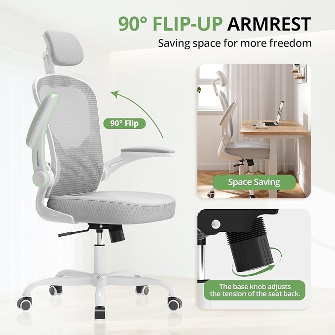 Synorla Office Chair Ergonomic Desk Chair, 330LBS Capacity, High Back Computer Design for Long Hours Comfort, Rolling Swivel for Home Office, Flip-up Armrests, White+Grey