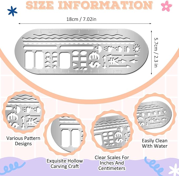 Chinco 4 Pieces Stencils Metal Journal Template 7.9 x 2.4 Inches Bookmark Ruler School Supplies Stainless Steel Stencils Set for DIY, Engraving, Painting, Scrapbooking(Classic Style)