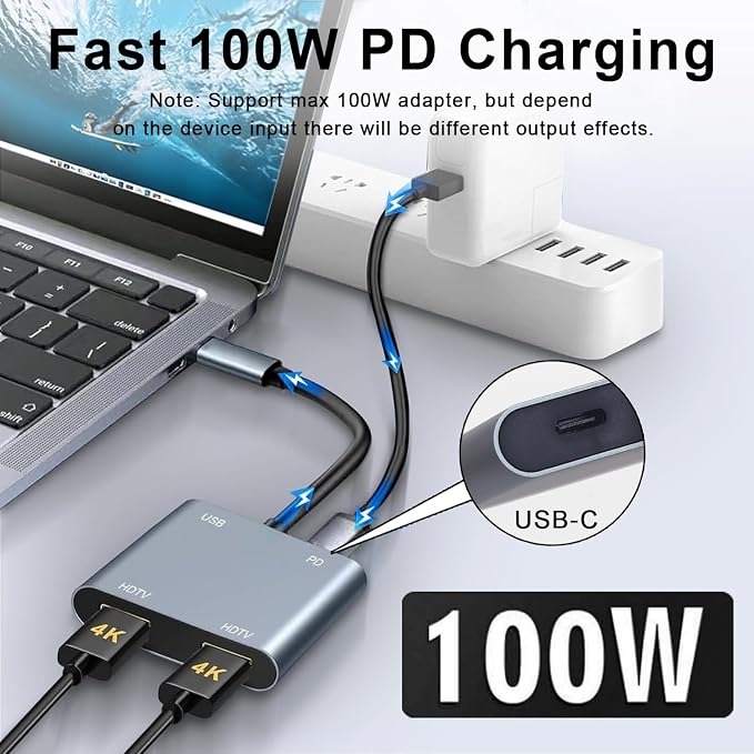 USB C to Dual HDMI Adapter, 4K@60Hz HDMI Splitter for Dual Monitors with USB 3.0, 100W PD Charging, HDMI Splitter Extended Display for MacBook Air/Pro, Dell XPS, HP, Surface, Chromebook