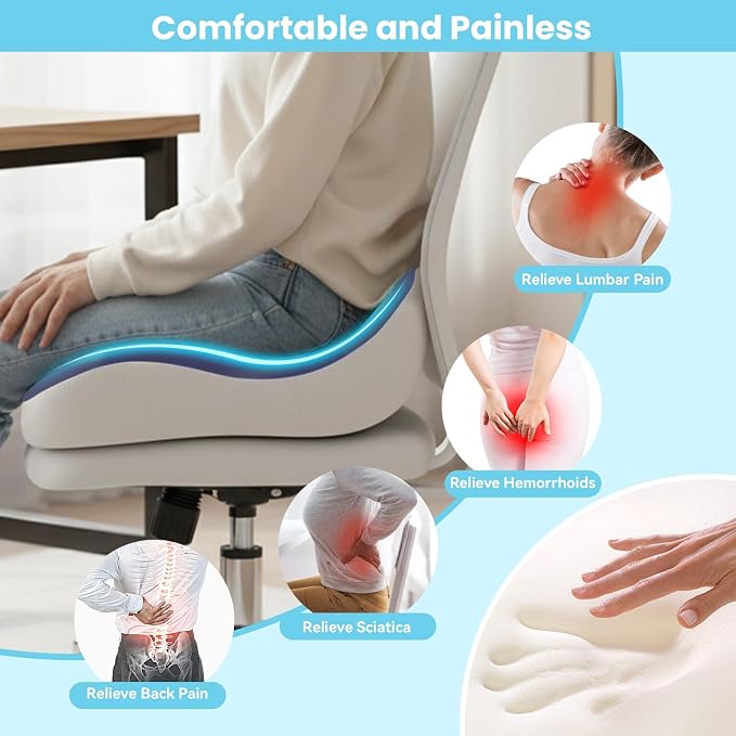 Seat Cushion, Memory Foam for Sit Bone and Back Pain Relief | Dual-Hole Ventilation, Coccyx,Sciatica and Tailbone Hip Relief ,Posture Support ,Office Chair and Car Seat,Home Use