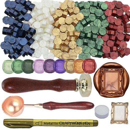 3D Embossed Frame Wax Seal Stamp, Frame Relief Carving Sealing Stamp Set with 150Pcs Red Green Gold Blue White Sealing Wax Beads in 5 Color, Melt Spoon Pen Kit for Wedding and Christmas (KM07)