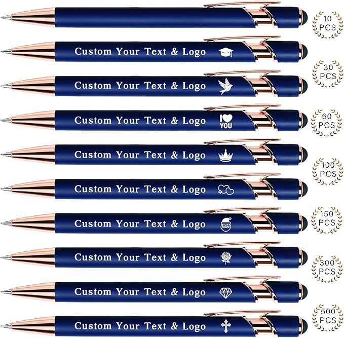 Bulk Custom Pens Personalized, Customized Pens with Name/Logo on Both Sides Gifts, Black Ink Engraved Ballpoint with Stylus, Ideal for Business, Birthday, Party, Wedding, School, Metal Material