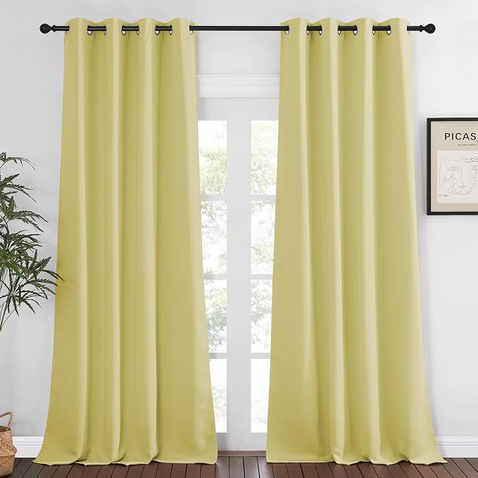 NICETOWN Blackout 108 inch Curtains for Sliding Glass Door, Grommet Thermal Insulated Room Darkening Window Treatment Sound Reducing Drapes for Room Divider, 1 Panel, W52 x L108, Paler Yellow