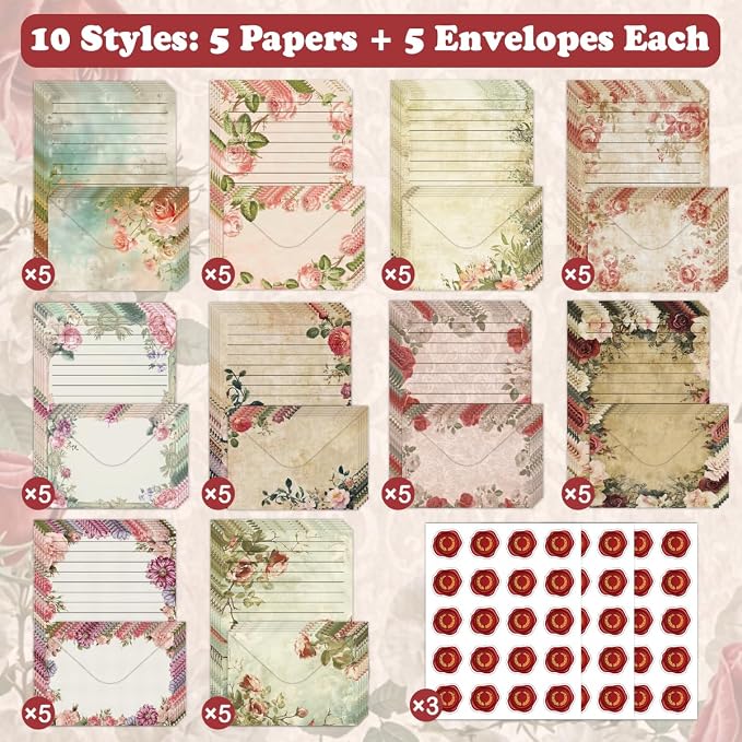 FUNCLASS 160 Pcs Stationery Set Letter and Envelopes – 50 Lined Stationery Paper and 50 Matching Envelopes, 5.5 x 8.25 Inches Letter Writing Stationery for Home, Office, School (Vintage Floral)