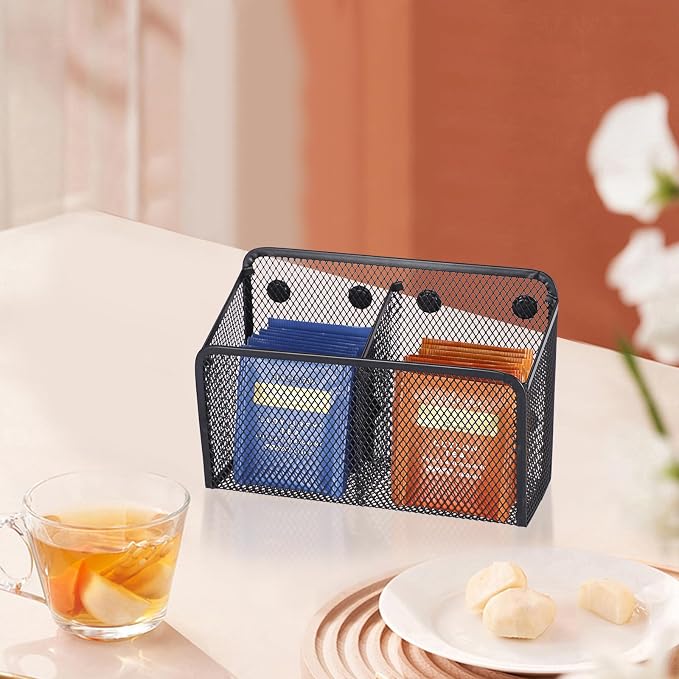 ELLDOO Magnetic Water Drink Packet Holder, 2 Compartments Magnetic Metal Mesh Tea Bag Organizer Sugar Packet Basket, Kitchen Organizers and Storage for Refrigerator and Countertop