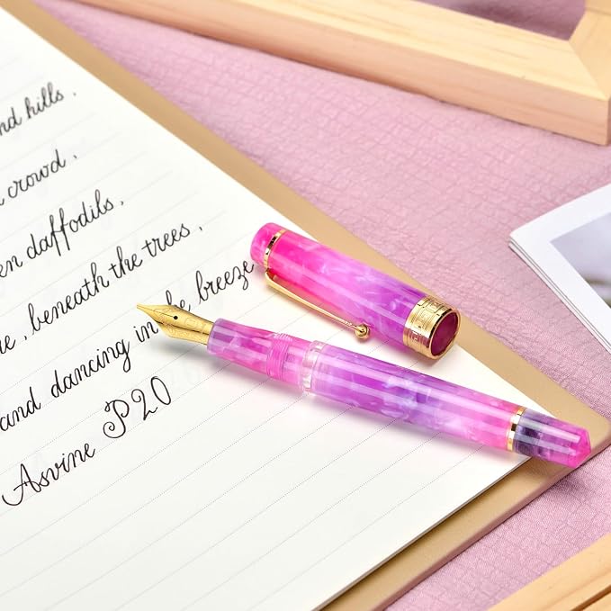 Asvine P20 Piston Fountain Pen, Stub Nib 1.1mm Calligraphy Art Drawing Gradual Purple Acrylic with Case Set