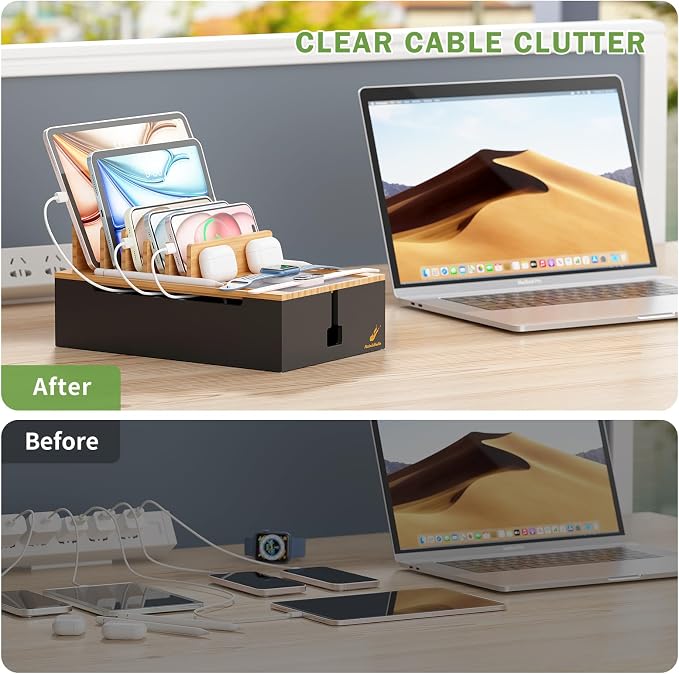 Pezin & Hulin Bamboo Charging Station for Multiple Devices-Natural+Black | USB Charger Dock Organizer, with Power Supply (10 Ports HUB), 6 Cables, Cable Management Organizer for Cell Phones, Tablet