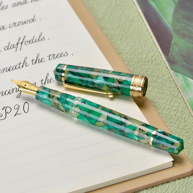 Asvine P20 Piston Fountain Pen Extra Fine Point, Green Marble Acrylic Gold Trim Smooth Writer Collection with Case Set