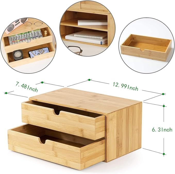 Bamboo Desk Drawer Organizer, Desktop Organizer with Drawers(2 Drawers) | 2 Drawers Open Top Tray Fully Assembled Stores Pens, Notes, Makeup, Jewelry & Toiletries for Office, Vanity & Bath