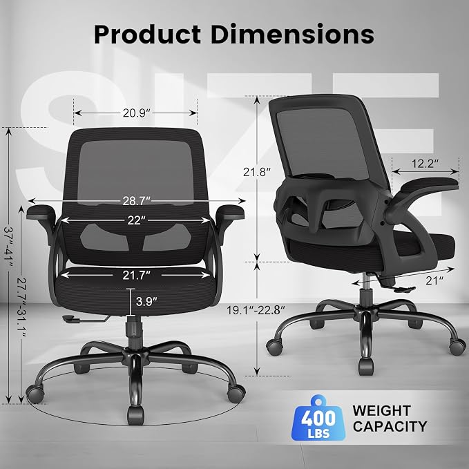 AnyGod Big and Tall Office Chair, Ergonomic Desk Chair Mesh Mid Back with Comfy Lumbar Support Swivel Task Executive Chairs with Wheels, Flip up Arms for Home, Office, Study
