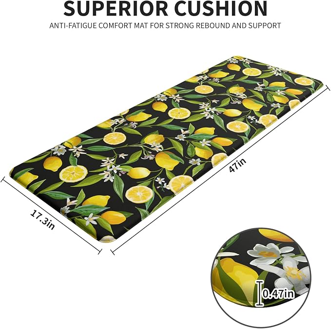 Lemon Kitchen Decor Kitchen Mat, Cushioned Anti Fatigue, Non-Slip | Lemon Pattern,Cushioned Comfort,Non-Slip Backing,Waterproof Surface,Soft Underfoot,Easy Clean,Kitchen Sink,Laundry