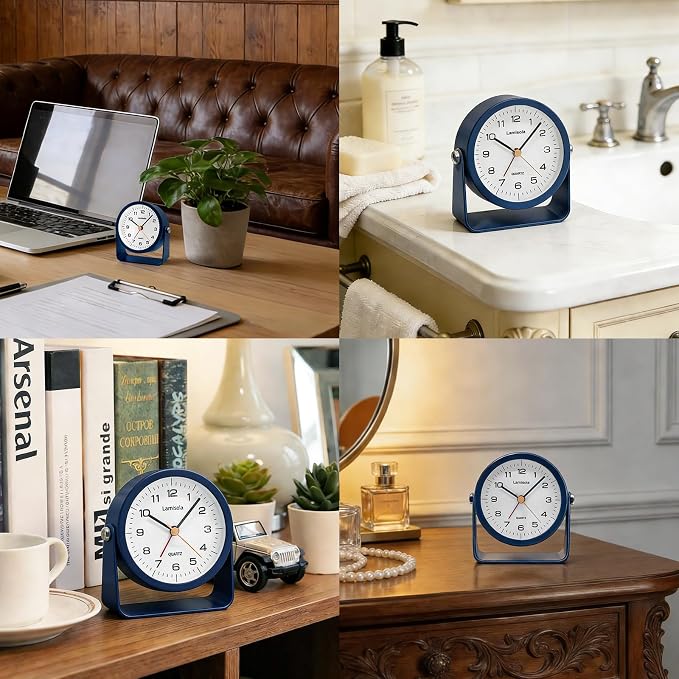 Lamisola 3.5 Inch Small Desk Battery Clock, Alarm Clock for Bedroom, Blue | Travel Clock for Bathroom Table Shelf Bedside, Cute Metal Vintage