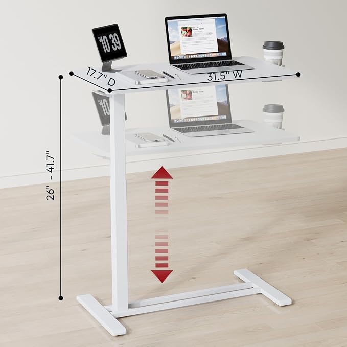 SANODESK 32'' Mobile Standing Desk with Hidden Wheels,Pneumatic Laptop Desk | Sofa Computer Cart Movable Height Adjustable Table Small Sit Stand Desk for Home Office Hospital Use,31.5" W x 17.7",White