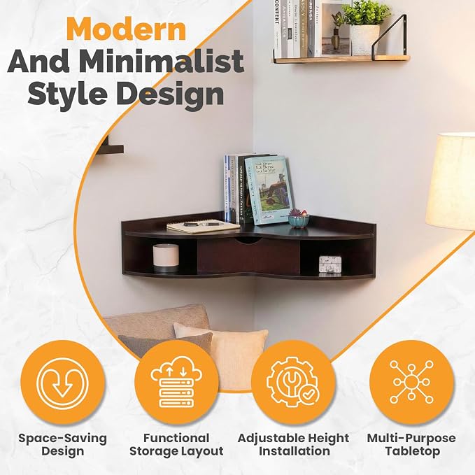 Basicwise Black Heart Shaped Wall Mounted Office Table with Drawer and Two Shelves Computer Writing Corner Desk QI004024.BN