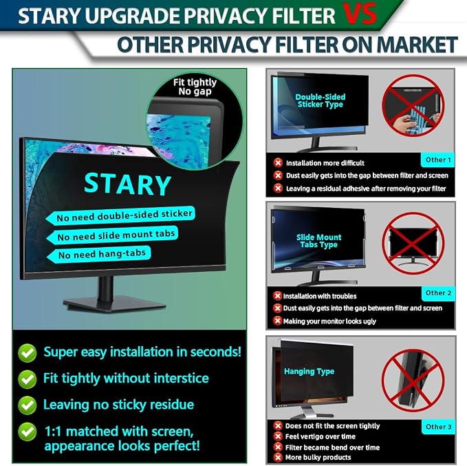 STARY [2 Pack 23.6 Inch Computer Privacy Screen for 16:9 Aspect Ratio Widescreen Monitor, Eye Protection, Anti Glare, Blue Light, Removable Computer Monitor Privacy Filter, Anti-Scratch Protector