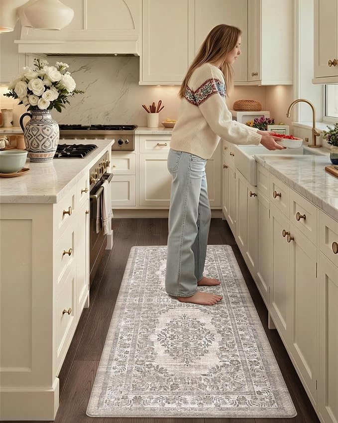 Color&Geometry Kitchen Floor Mat 24x59 Faded Vintage Anti Fatigue, Khaki | 0.4in Cushion Standing Mat For Cooking/Working/Laundry, Boho Decor, Non Slip PVC Kitchen Rug, Oil/Water Proof, Anti Slip