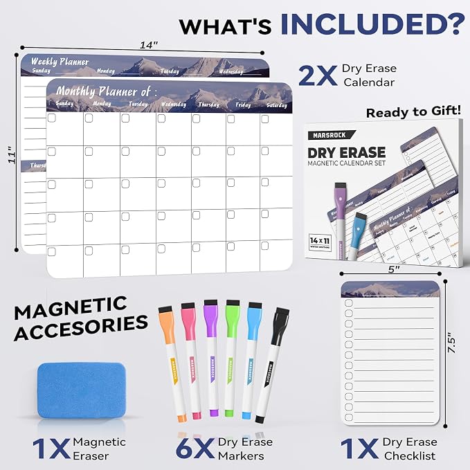 Marsrock Dry Erase Magnetic Calendar for Refrigerator (3 Pack) - Monthly & Weekly & Daily Planner Magnet Whiteboard for Fridge - Shopping, to Do List, Meal/Menu, Planning Board, 14"x11", Grey