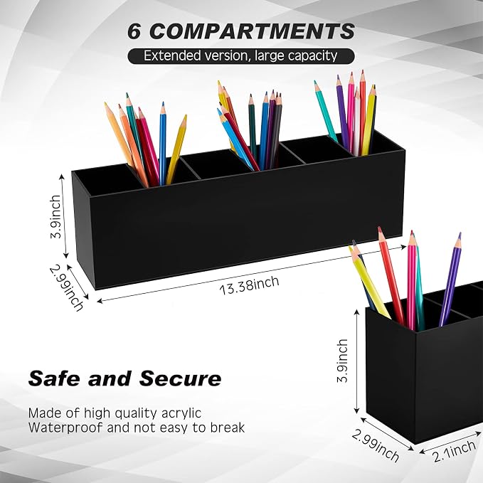 2 Pack Acrylic Makeup Brush Holder 6 Compartments Pencil Organizer Cup Pencil Holder for Desk Pen Organizer Storage Pen Holder for Accessories Cosmetic Brushes Office Bathroom Kitchen Supplies (Black)