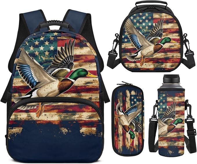 Duck Hunting Camo School Backpack for Boys Girls, American Flag Bookbag Set with Lunch Bag, Pencil Case & Bottle Holder, 4PCS 17 Inch Elementary Backpack for Kids Ages 6-8