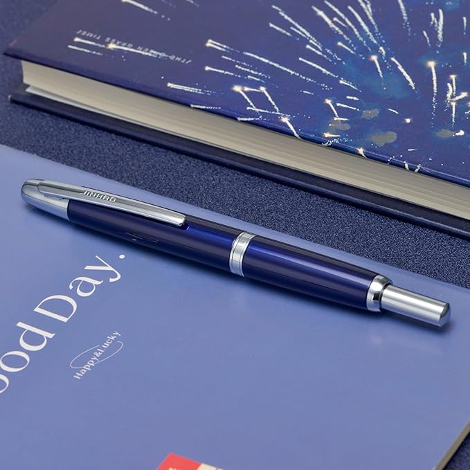 Jinhao 10 Press Fountain Pen with Box, Dark Blue Retractable Medium Nib with Ink Converter Set (Silver Clip)